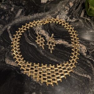 Vintage Gold Brick Necklace and Earring Set